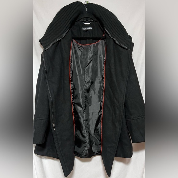 Steve Madden Long Black Wool Blend Coat | Jacket | Asymmetrical Zip Winter Fall - Picture 9 of 16